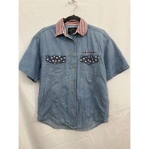 Solutions Original Cotton Denim Blue USA Button Up Women Shirt Sz S Short Sleeve